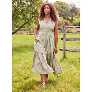 April Cornell Mint Green & Orange Red Rose Tiered Midi Dress